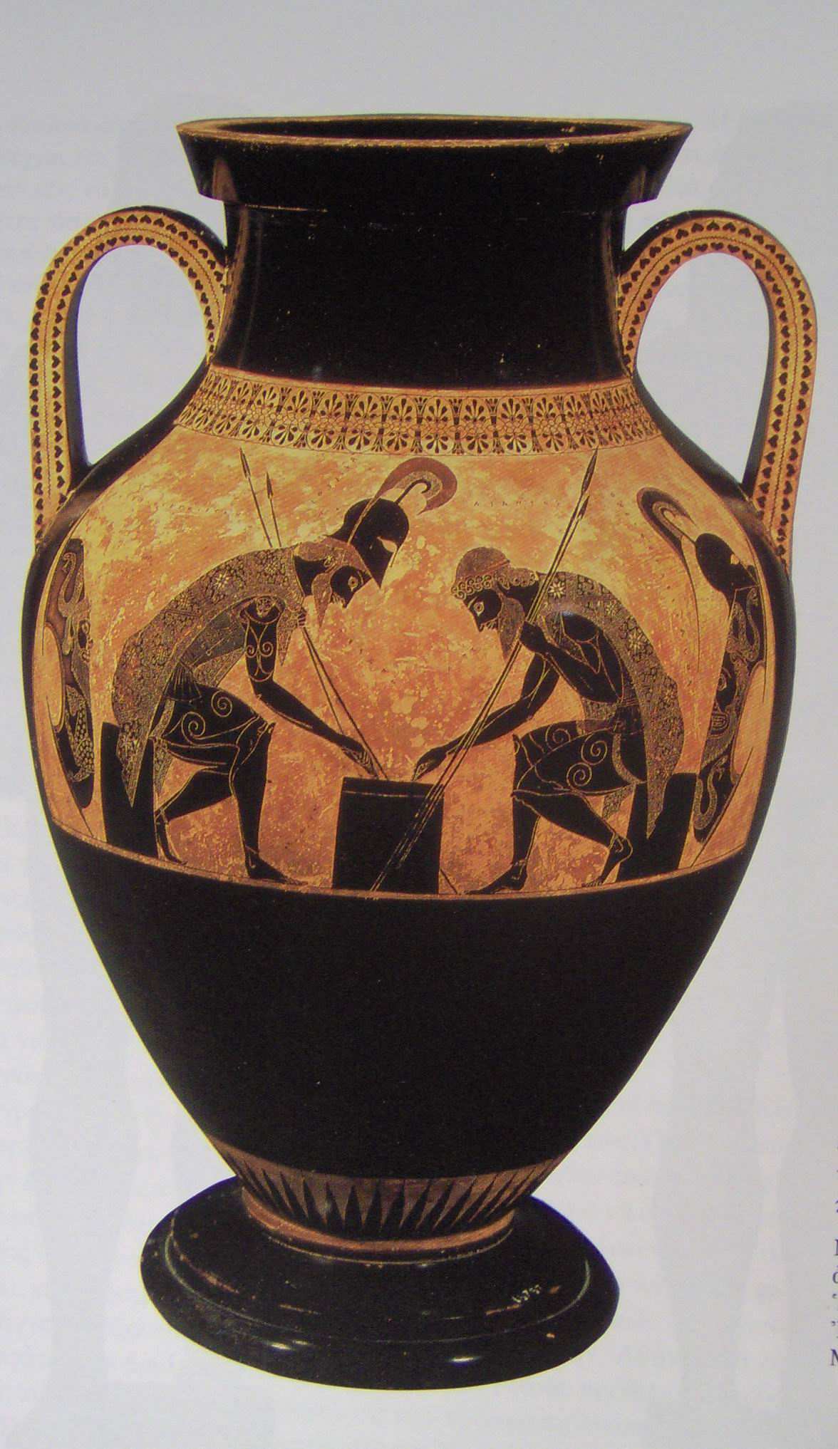 Τίτλος: Ο Αχιλλέας και ο Αίας παίζουν τους πεσσούς Χρονολογία: 540 π.χ. Υλικό: Πηλός Καλλιτέχνης: Εξηκίας Περιγραφή: Τα κεραµικά είναι σχεδόν η µοναδική µαρτυρία αρχαίας ελληνικής ζωγραφικής.