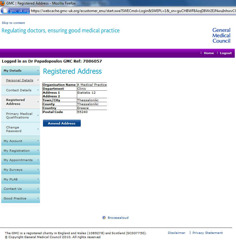 My Details > Registered Address Οδηγός αίτησης εγγραφής στο General Medical Council Η οθόνη Registered Address εμφανίζεται με κλικ στην ομώνυμη επιλογή του μενού My Details (επιστρέψτε στη σελίδα 17