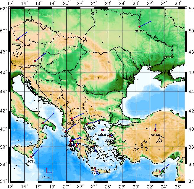 Σχήµα 2. Ταχύτητες των σηµείων του δικτύου GREN στο ITRF2005.