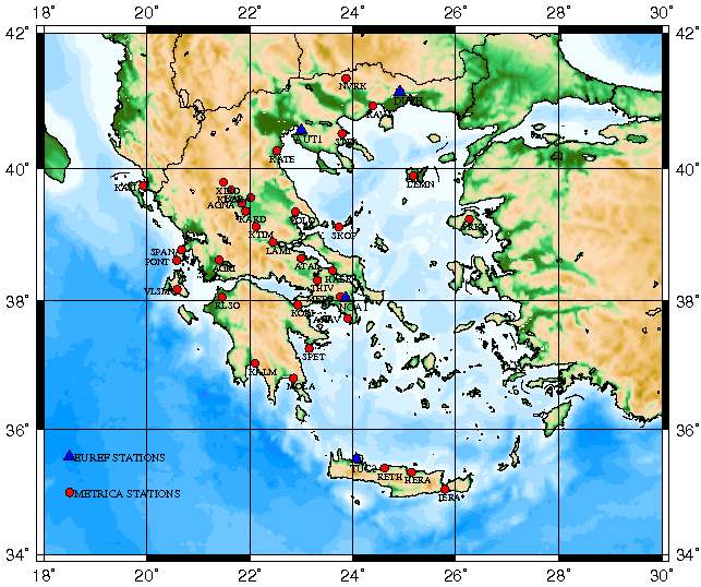 Σχήµα 3. Το δίκτυο των µόνιµων σταθµών MetricaNet έως 1/11/2010. Η συνόρθωση του δικτύου ΕΧΜΕΝ σε όλα τα στάδια έγινε µε εφαρµογή µερικών εσωτερικών δεσµεύσεων στο πλαίσιο ITRF2005 (βλέπε π.χ., ερµάνης και Φωτίου 1992, Ρωσσικόπουλος 1999).