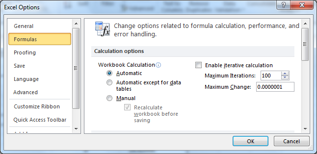Εργασία στο Excel (8) Για να αυξήσουμε την ακρίβεια στην «Αναζήτηση στόχου» πάμε: Επιλογές. Formulas.