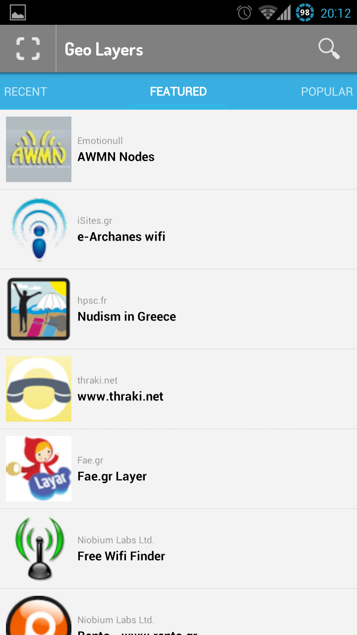 Εικόνα 37. Λίστα µε διάφορα Layers. Σε αυτό το σηµείο ο χρήστης θα πρέπει να κάνει αναζήτηση για να βρει το Layer πατώντας στο κουµπί µε το µεγεθυντικό φακό.