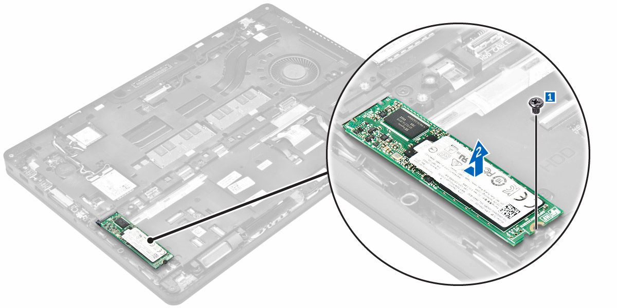 Εγκατάσταση της προαιρετικής M.2 SSD 1. Περάστε την SSD μέσα στον σύνδεσμό της επάνω στον υπολογιστή. 2. Σφίξτε τη βίδα για να στερεώσετε την SSD στον υπολογιστή. 3.