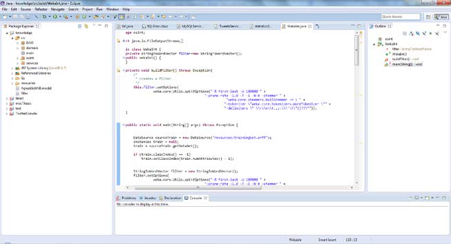 Εικόνα 14 Το Eclipse σε περιβάλλον Windows 6.3.10 Επιλογή και υλοποίηση Αλγορίθμου Ο αλγόριθμος ο οποίος τελικά επιλέχθηκε για την κατηγοριοποίηση κειμένου είναι ο Naive Bayes.