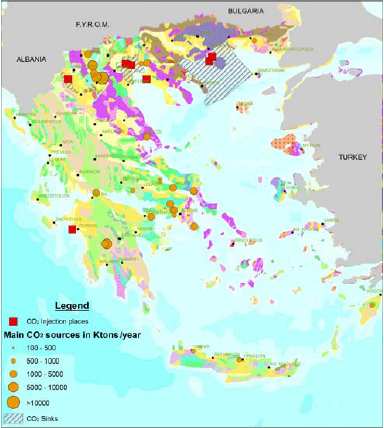 Εικόνα 10. Πηγές εκποµπής και πιθανοί αποθηκευτικοί χώροι CO 2 στην Ελλάδα (Πηγή: ΙΓΜΕ, 2008) 4.