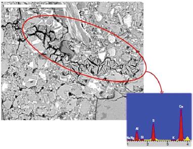 Σχήμα 10: αριστερά: ανάπτυξη κρυστάλλων μονοθειϊκού στην τσιμεντόπαστα, η οποία επιβεβαιώνεται και από την χημική ανάλυση μέσω EDAX, δεξιά: εμφάνιση ρωγμών εξαιτίας της ανάπτυξης ετρινγκίτη [43]