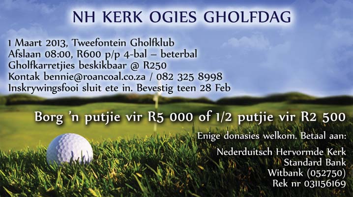 Paardeplaats-feesterrein Vanaf Hartbeesfontein, neem Lichtenburg-Coligny-pad vir 20 km Volg wegwysers na links R100 per persoon Navrae: Ds Petrus Harmzen by 082 777 4253 Vrouekamp 2013: 19 tot 21