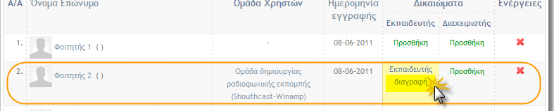 Βήμα 3 Εκπαιδευτή απόδοση δικαιώματος σε χρήστη ενός μαθήματος.