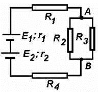 45. Pentru circuitul reprezentat în schema din figura alăturată se cunosc: E 1 = 20V, E 2 = 12V, r 1 = 0,25Ω, r 2 = 0,75Ω, R 1 = 8Ω, R 2 = 3Ω, R 3 = 6Ω, R 4 =5Ω a) căldura degajată în rezistorul R 1