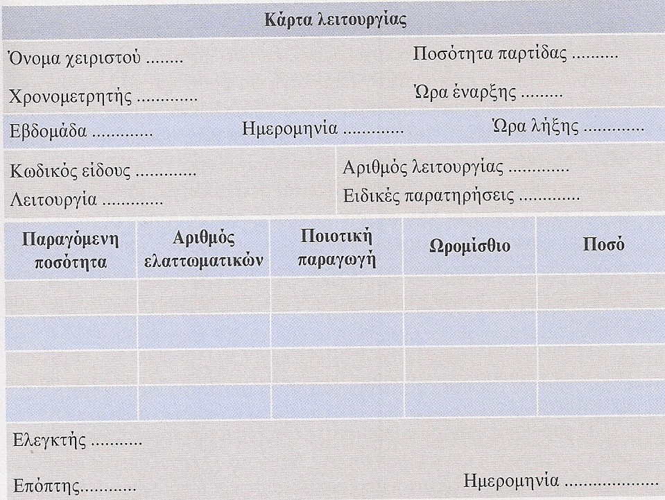 Εργαλεία καταμέτρησης της εργασίας ΚΑΡΤΑ ΛΕΙΤΟΥΡΓΙΑΣ Αφορούν τις μεμονωμένες λειτουργίες ή διαδικασίες ή στάδια βιομηχανοποίησης.