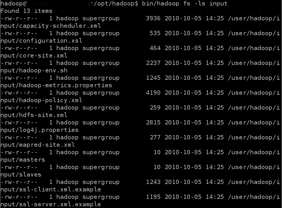 $ bin/hadoop fs -ls input/ εκτελούμε την διεργασία MapReduce: $ bin/hadoop jar hadoop-0.20.2-examples.jar wordcount input output Για να πάρουμε τα δεδομένα απο το HDFS έχουμε δύο επιλογές: 1.