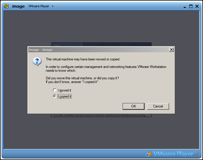 Εικόνα 3.5.3.1: όταν εκκινούμε για πρώτη φορά το VMware Player επιλέγουμε ότι έχουμε αντιγράψει την εικόνα [8] Τότε ο VMware Player θα δημιουργήσει νέα αναγνωριστικά για την εικονική μηχανή.