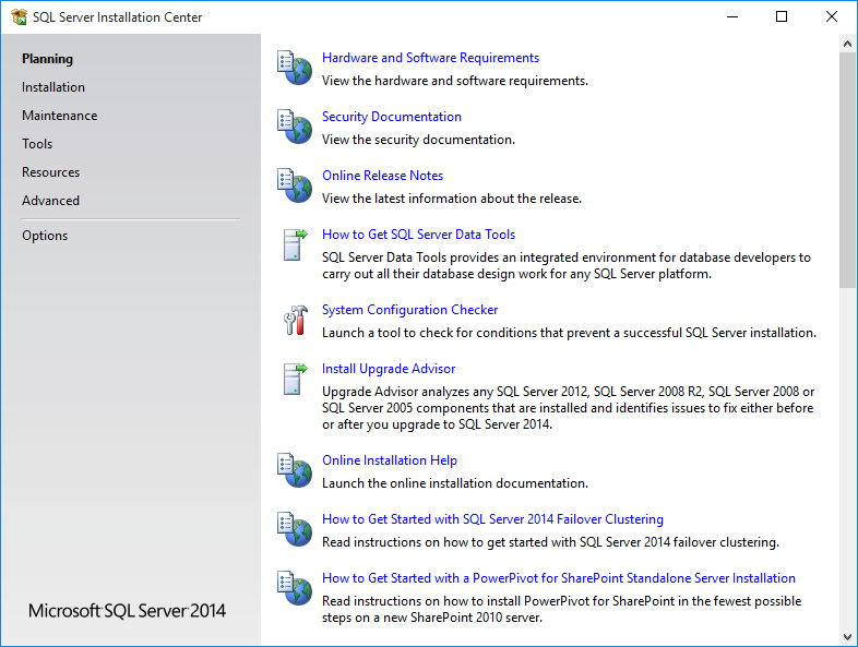 3. Εγκατάσταση MS SQL Server 2014 Με την εισαγωγή του DVD της εγκατάστασης εµφανίζεται στην οθόνη το παρακάτω παράθυρο µε τον Οδηγό εγκατάστασης της εφαρµογής.
