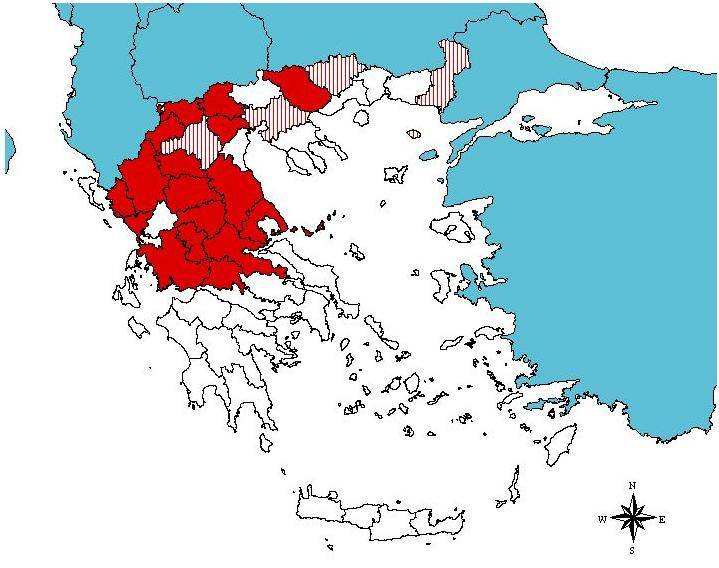 135 Χάρτης της Ελλάδας µε τις περιοχές όπου εφαρµόζεται το πρόγραµµα ελέγχου της βρουκέλλωσης