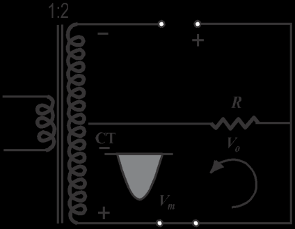 ku V Fig. 2.10 (c) Rruga e kalimit të rrymës në kohën(t/2-t) Meqënëse sekondari i transformatorit ka pike mesi, çdo diodë punon vetëm për një gjysmëvalë.