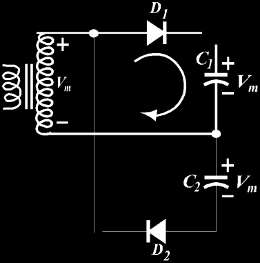 (b) (c) Figura 2.14 (a)yfishuesi i tensionit me valë të plotë: (b) për gjysmëvalën pozitive, (c) për gjysmëvalën negative Gjatë gjysmëvalës negative të tensionit në sekondar, fig.2.14 (c), dioda 2 përcjell rrymë nëpërmjet kondensatorit C, ndërsa dioda nuk përcjell 2 1 rrymë.