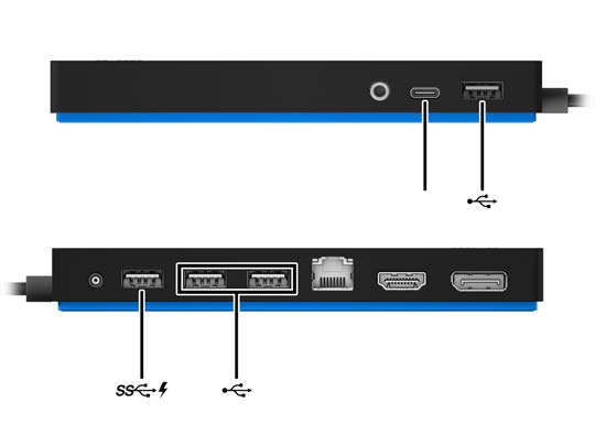 Σύνδεση συσκευών USB Ο σταθμός επιτραπέζιας σύνδεσης διαθέτει πέντε θύρες USB: μία USB 3.0 και δύο USB 2.0 στο πίσω μέρος και μία USB Type-C και μία USB 2.0 στην πρόσοψη.
