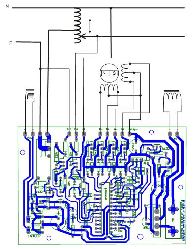 Na slici 7 prikazana je šema povezivanja elektronike trofaznog linijskog korektora napona na kojoj se mogu uočiti tri redno povezane upravljačke jedinice od kojih svaka vrši upravljanje jednog od tri