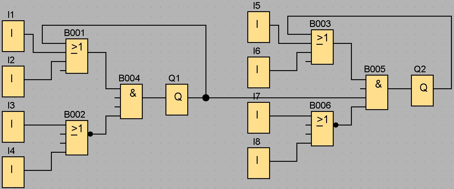 ΣΥΝΕΧΕΙΑ ΛΥΣΗΣ Έστω Ι1, Ι2 οι είσοδοι του LOGO στις οποίες θα συνδεθούν τα δύο push button START και Ι3, Ι4 οι είσοδοι στις οποίες θα συνδεθούν τα δύο push button STOP για τον κινητήρα 1.