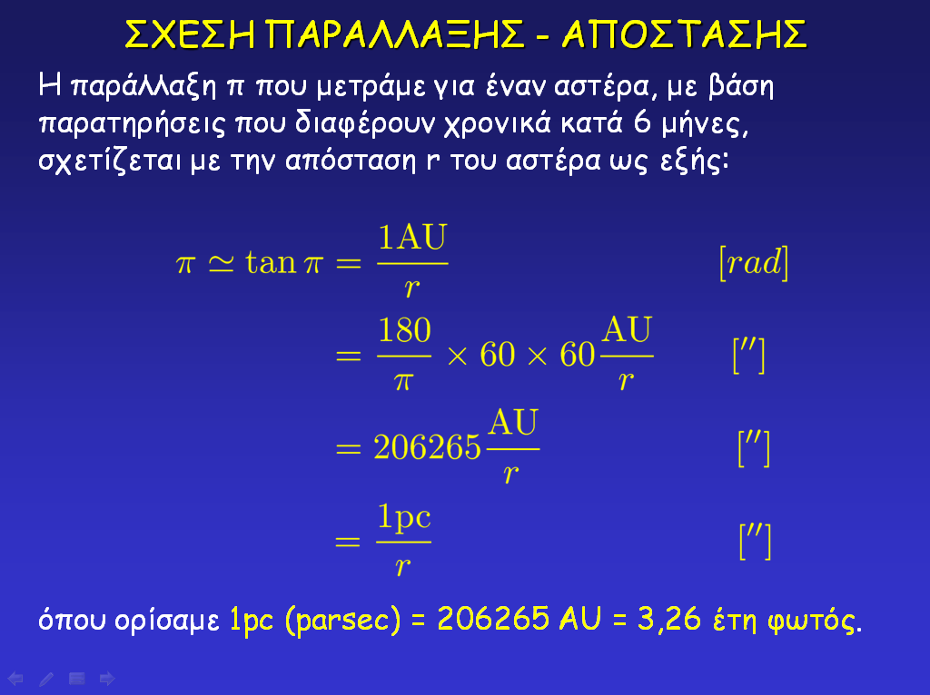 ΣΧΕΣΗ ΠΑΡΑΛΛΑΞΗΣ - ΑΠΟΣΤΑΣΗΣ Η παράλλαξη π που μετράμε για έναν αστέρα, με βάση παρατηρήσεις που διαφέρουν χρονικά