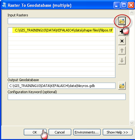 κάντε κλικ στο εικονίδιο ανοίγματος αρχείου της παραμέτρου Input Raster, πλοηγηθείτε μέχρι τον κατάλογο C:\ESDDA_GIS\DATA\ENOTHTA B\shape files και επιλέξτε το αρχείο Filipos.tif Κάντε κλικ στο ΟΚ.