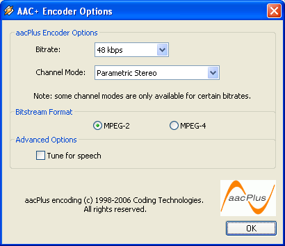 Εικόνα 5: Eπιλογή τύπου κωδικοποίησης 5.4 Από την κατηγορία Encoder (Εικόνα 5) επιλέξετε το τύπο κωδικοποίησης του ήχου από τις επιλογές MP3, AAC+, AAC LC. Επιλέξτε AAC.