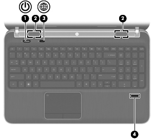 Κουμπιά, ηχεία και συσκευή ανάγνωσης δαχτυλικών αποτυπωμάτων (μόνο σε επιλεγμένα μοντέλα) Στοιχείο Περιγραφή (1) Κουμπί λειτουργίας Όταν ο υπολογιστής είναι απενεργοποιημένος, πατήστε το κουμπί για