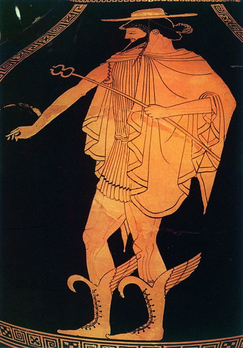4. Ο Δίας κρατώντας το σκήπτρο και τον κεραυνό. Από αρχαίο ελληνικό αγγείο. 5. Ο Ερμής κρατώντας το κηρύκειο.