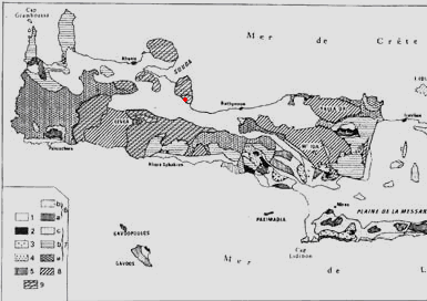 Σχήμα 2.5: Γεωλογικός χάρτης της Κρήτης (τροποποιημένος από Boneau, 1973). Στο υπόμνημα: 1. Νεογενή και Τεταρτογενή ιζήματα, 2. Οφιόλιθοι, 3. κάλυμμα Αστερουσιών, 4. καλ. Βάτου, 5. καλ. Σπηλίου και Πρέβελη, 6.