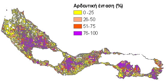 Χαρτογράφηση αρδευόμενης έκτασης Μέσο υπέρυθρο -> είκτης υγρασίας NDWI Χάρτης αρδευόμενων