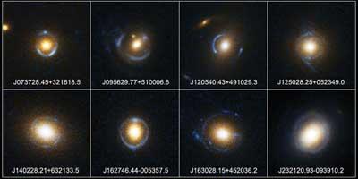 Einstein rings produced by a galaxy behind the lensing galaxy. The sources are actually extended and that is why one sometimes sees arcs rather than complete rings.