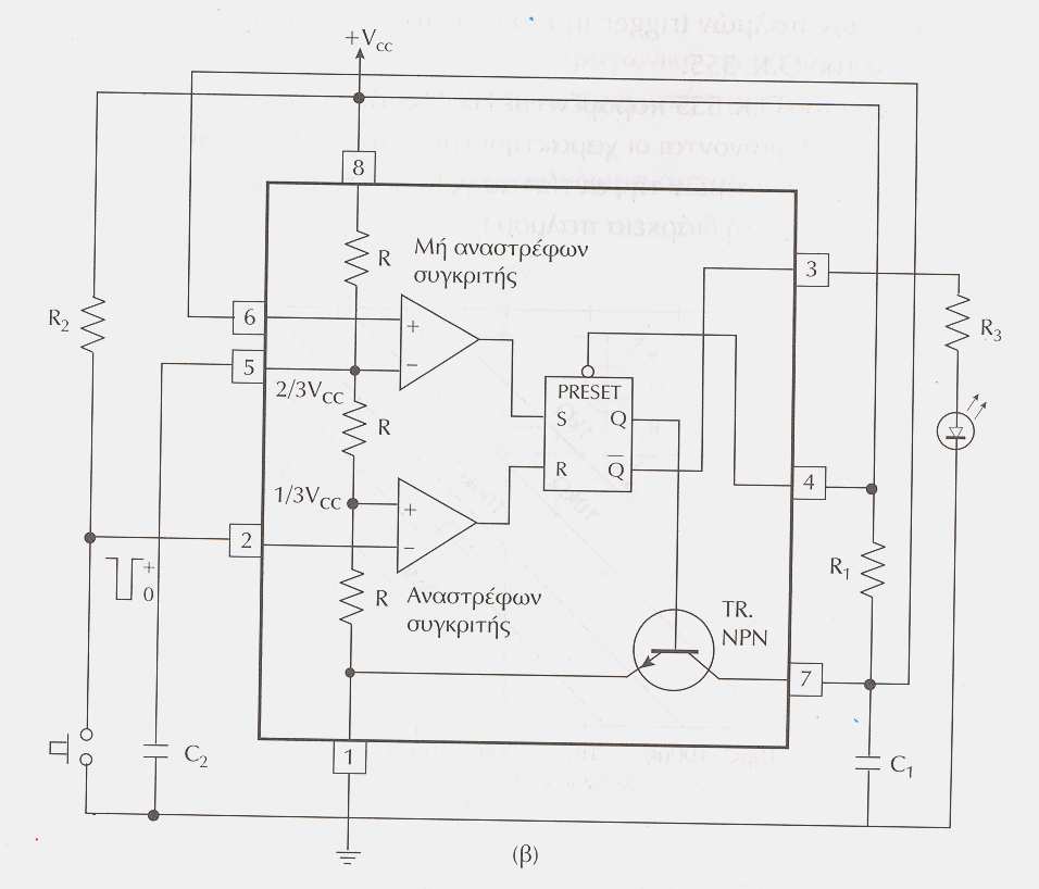 Σελίδα 4 από 8 Απαντήσεις στο φυλλάδιο 53 1 η : Το Ο.Κ.555 ως µονοσταθής πολυδονητής είναι µια γεννήτρια παλµών, η διάρκεια της οποίας καθορίζεται από ένα δικτύωµα RC, που συνδέεται εξωτερικά.