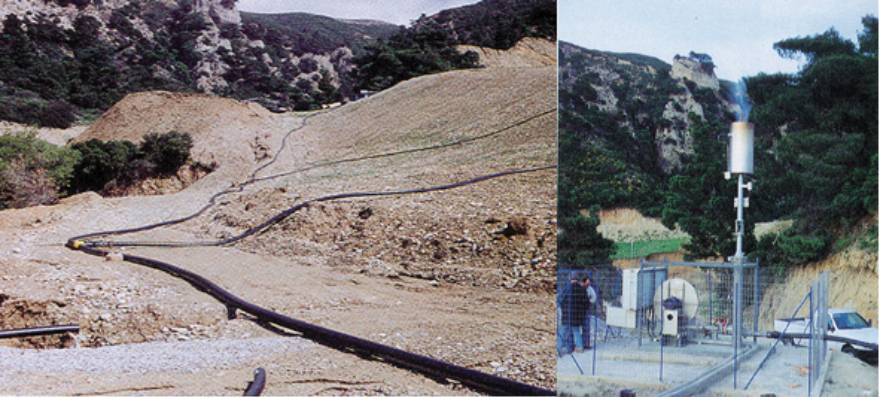 Σωλήνες συλλογής βιοαερίου από ένα ΧΥΤΑ και καύση