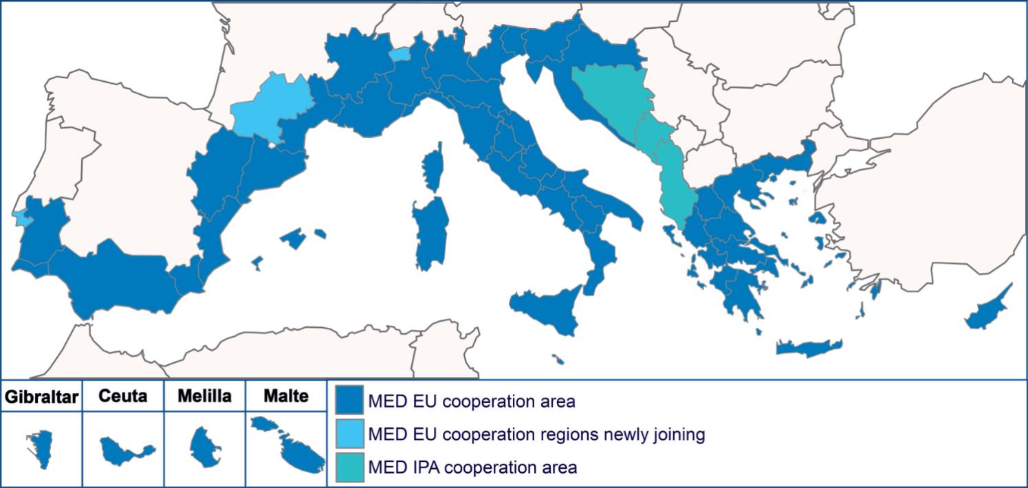 Interreg MED Programme 2014-2020 13 States and 57 regions from the Mediterranean Coastal Area 10 EU Member States + 3 EU Candidate/Potential Candidate Countries