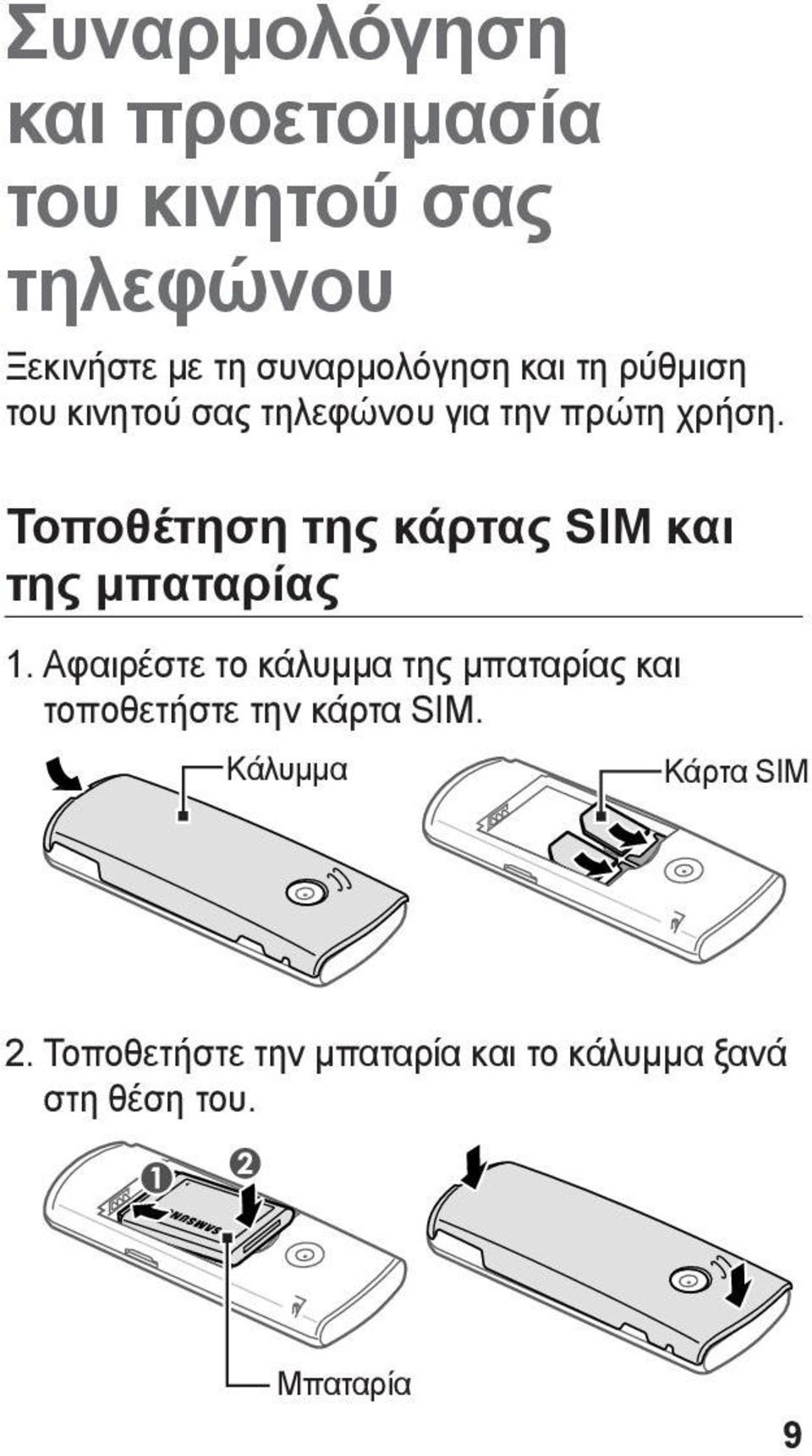 Τοποθέτηση της κάρτας SIM και της μπαταρίας 1.