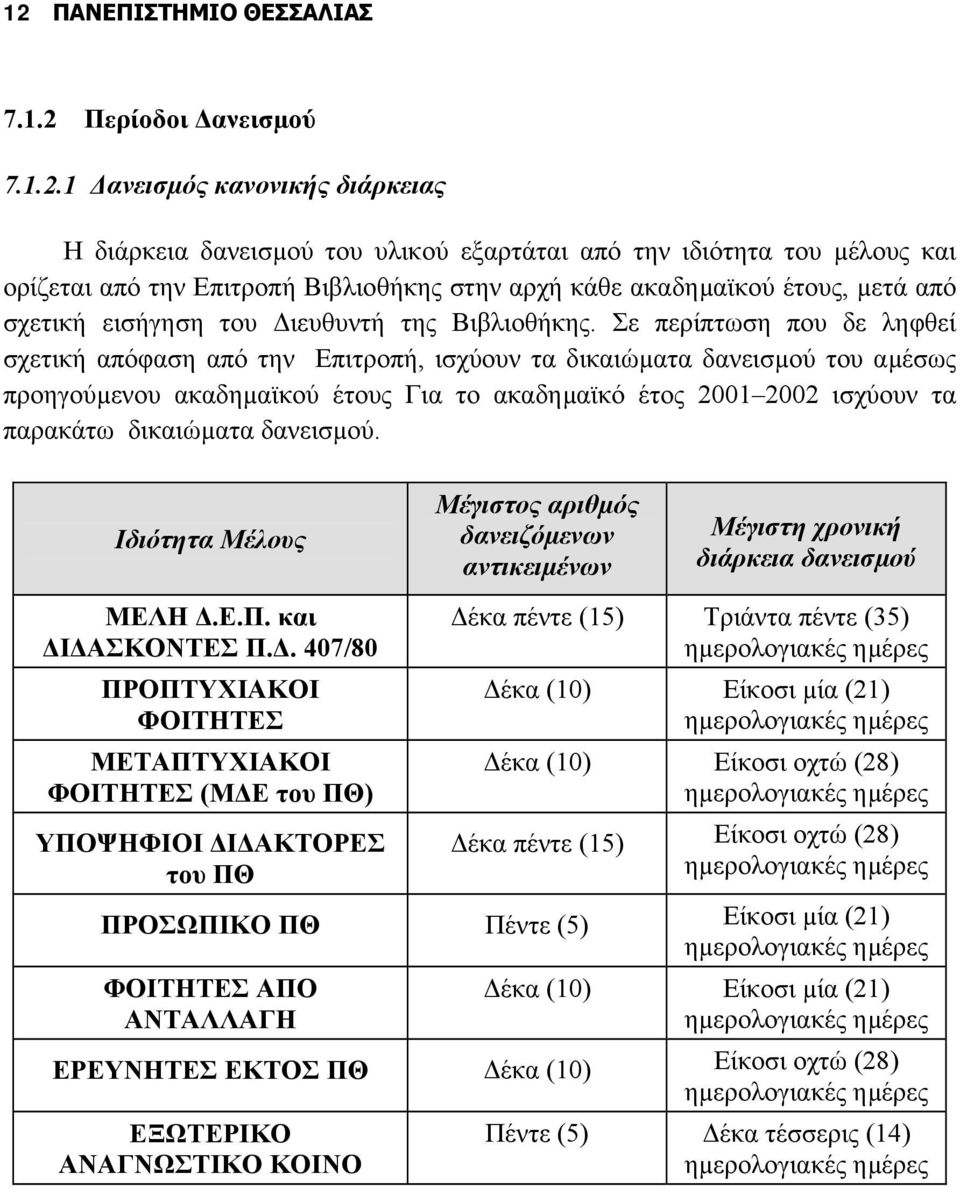 Σε περίπτωση που δε ληφθεί σχετική απόφαση από την Επιτροπή, ισχύουν τα δικαιώµατα δανεισµού του αµέσως προηγούµενου ακαδηµαϊκού έτους Για το ακαδηµαϊκό έτος 2001 2002 ισχύουν τα παρακάτω δικαιώµατα