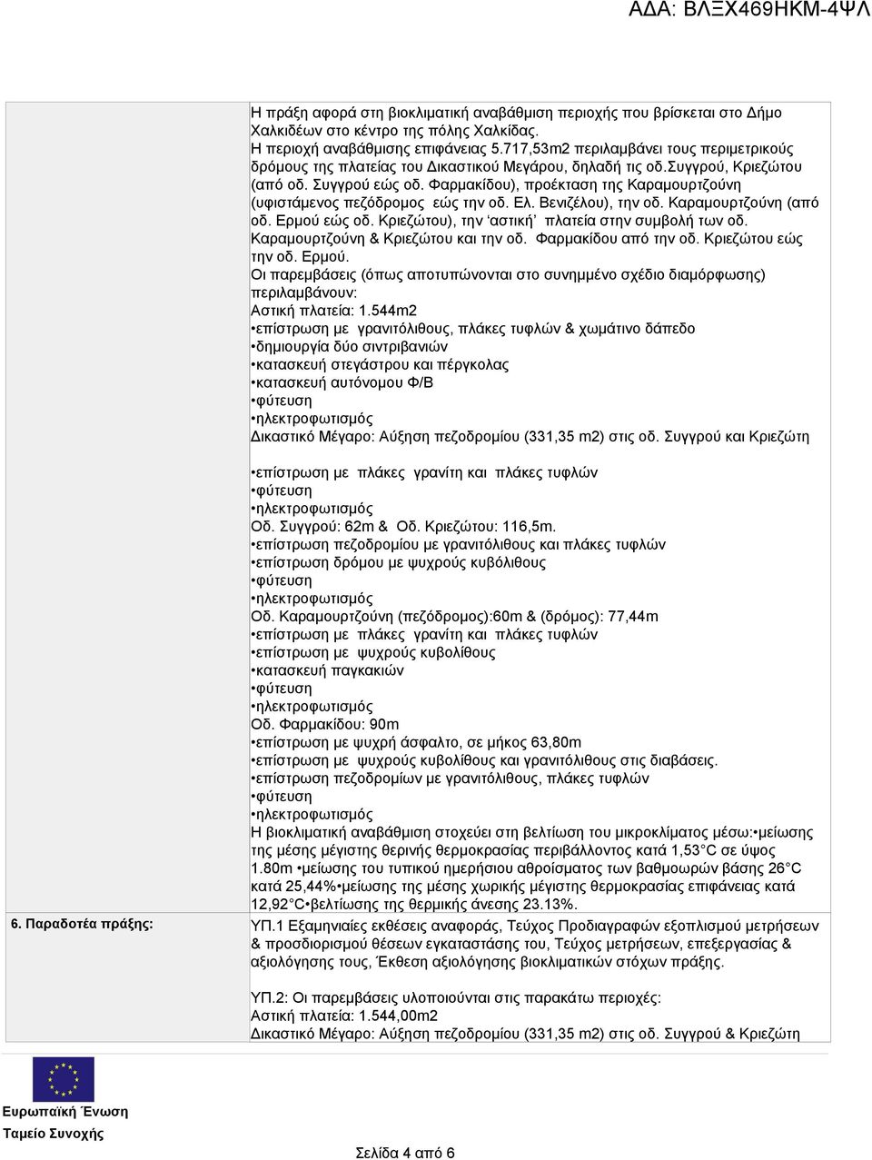 Φαρμακίδου), προέκταση της Καραμουρτζούνη (υφιστάμενος πεζόδρομος εώς την οδ. Ελ. Βενιζέλου), την οδ. Καραμουρτζούνη (από οδ. Ερμού εώς οδ. Κριεζώτου), την αστική πλατεία στην συμβολή των οδ.