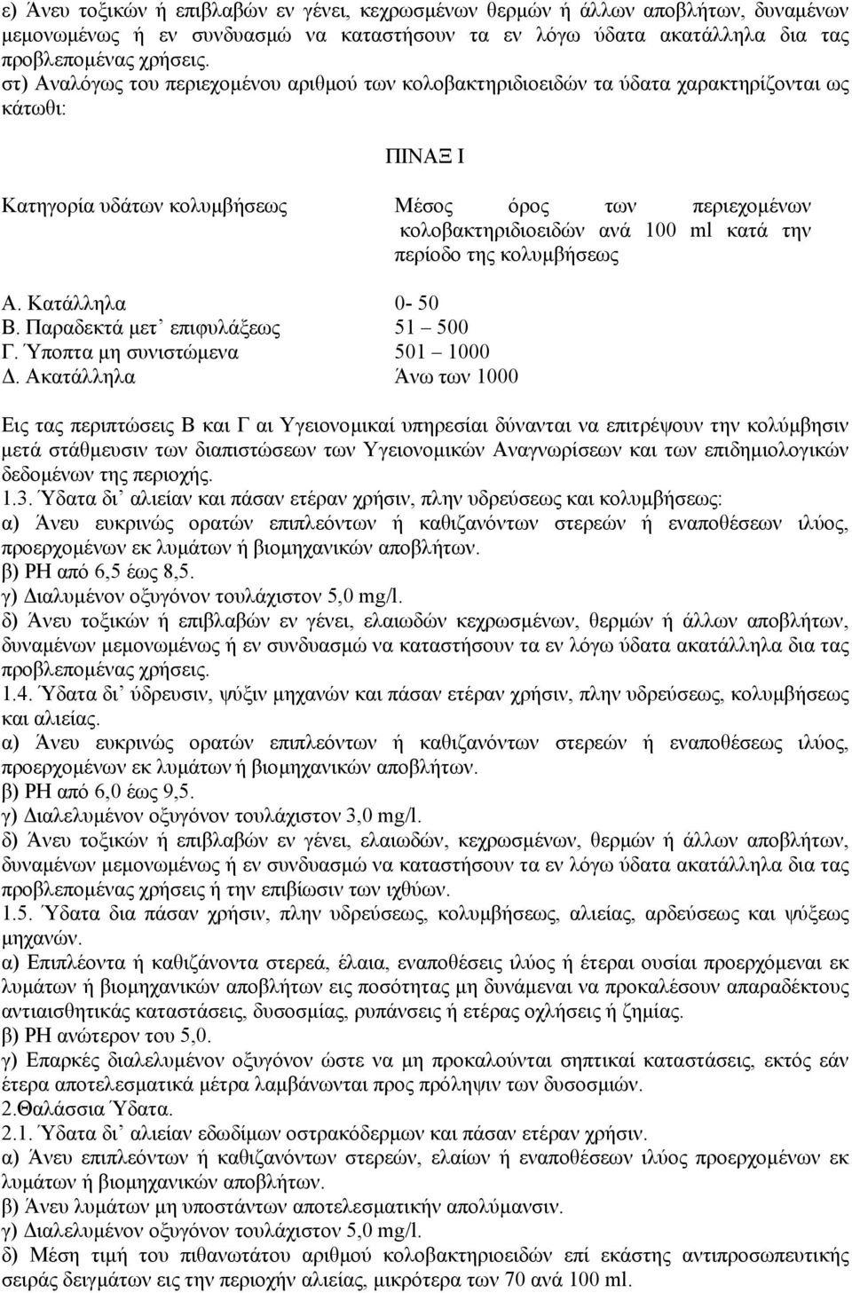 την περίοδο της κολυµβήσεως Α. Κατάλληλα 0-50 Β. Παραδεκτά µετ επιφυλάξεως 51 500 Γ. Ύποπτα µη συνιστώµενα 501 1000.
