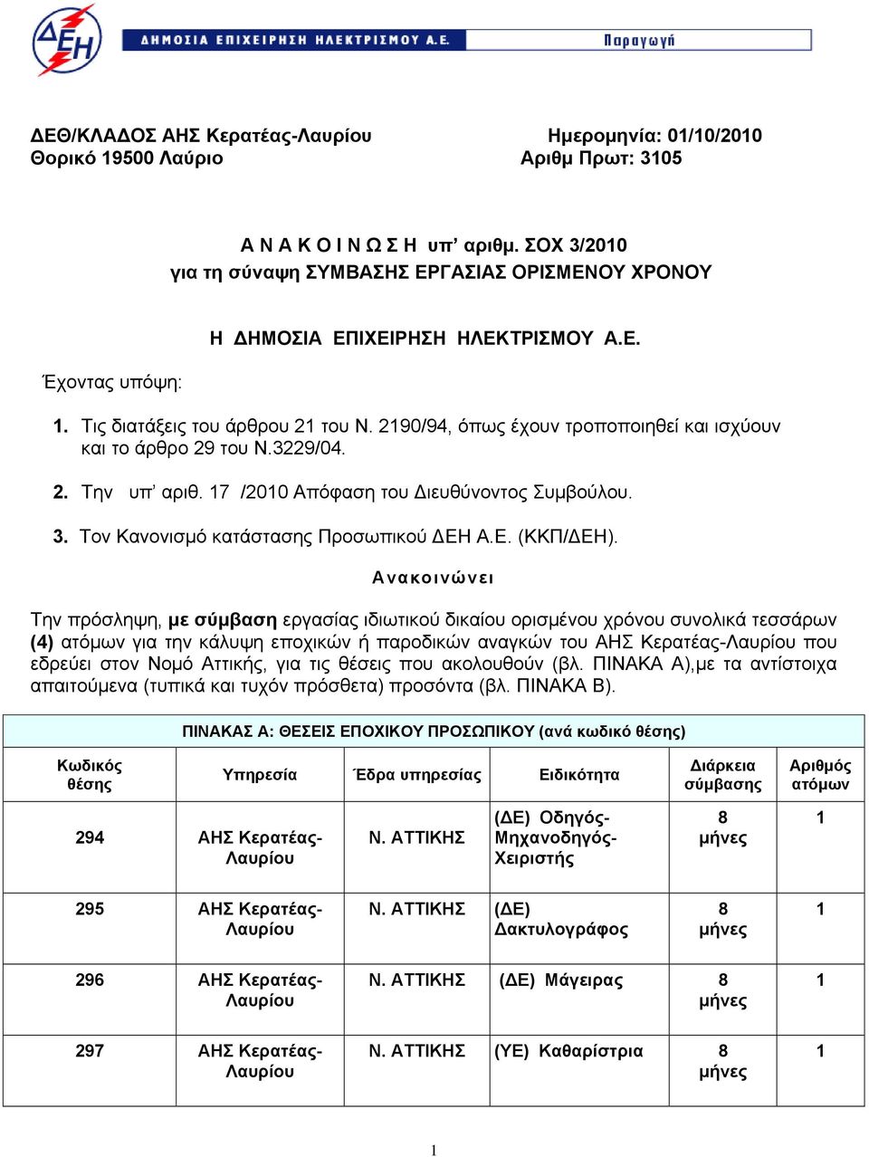 2190/94, όπως έχουν τροποποιηθεί και ισχύουν και το άρθρο 29 του Ν.3229/04. 2. Την υπ αριθ. 17 /2010 Απόφαση του Διευθύνοντος Συμβούλου. 3. Τον Κανονισμό κατάστασης Προσωπικού ΔΕΗ Α.Ε. (ΚΚΠ/ΔΕΗ).