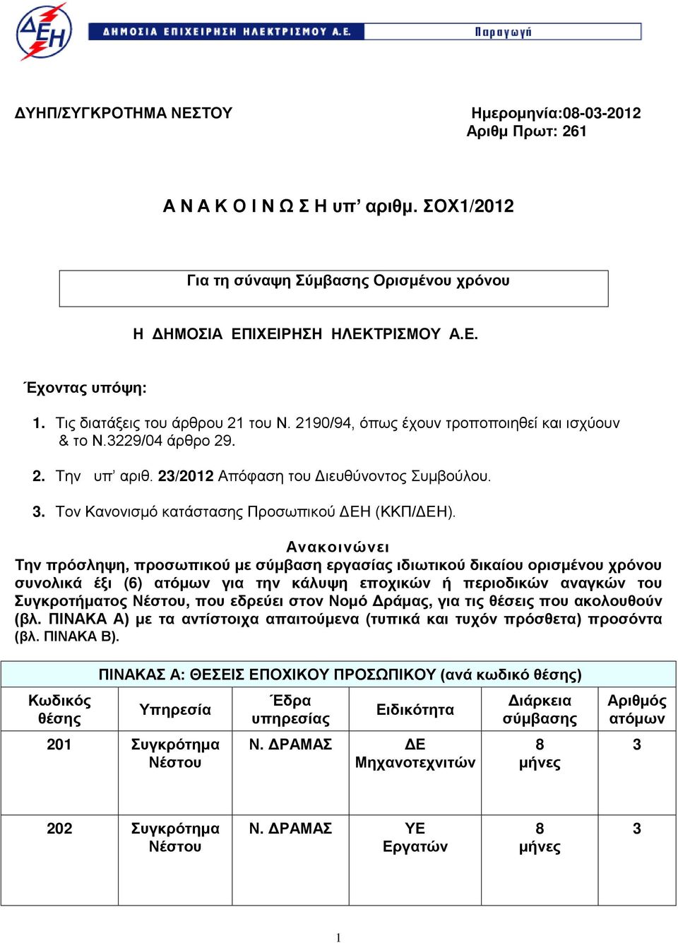 Τον Κανονισμό κατάστασης Προσωπικού ΔΕΗ (ΚΚΠ/ΔΕΗ).