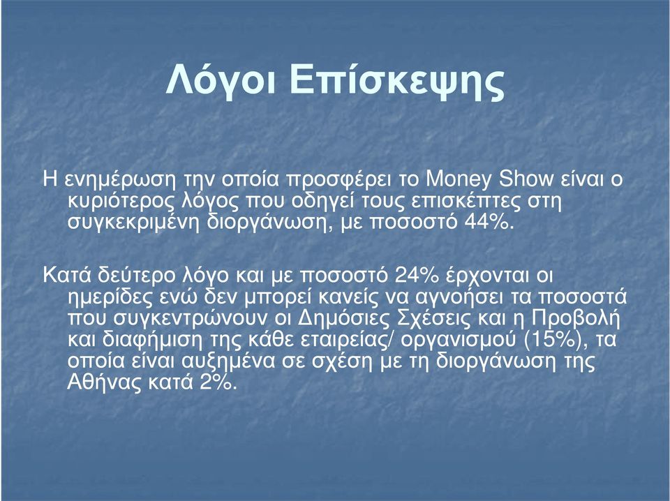 Κατά δεύτερο λόγο και µε ποσοστό 24% έρχονται οι ηµερίδες ενώ δεν µπορεί κανείς να αγνοήσει τα ποσοστά που