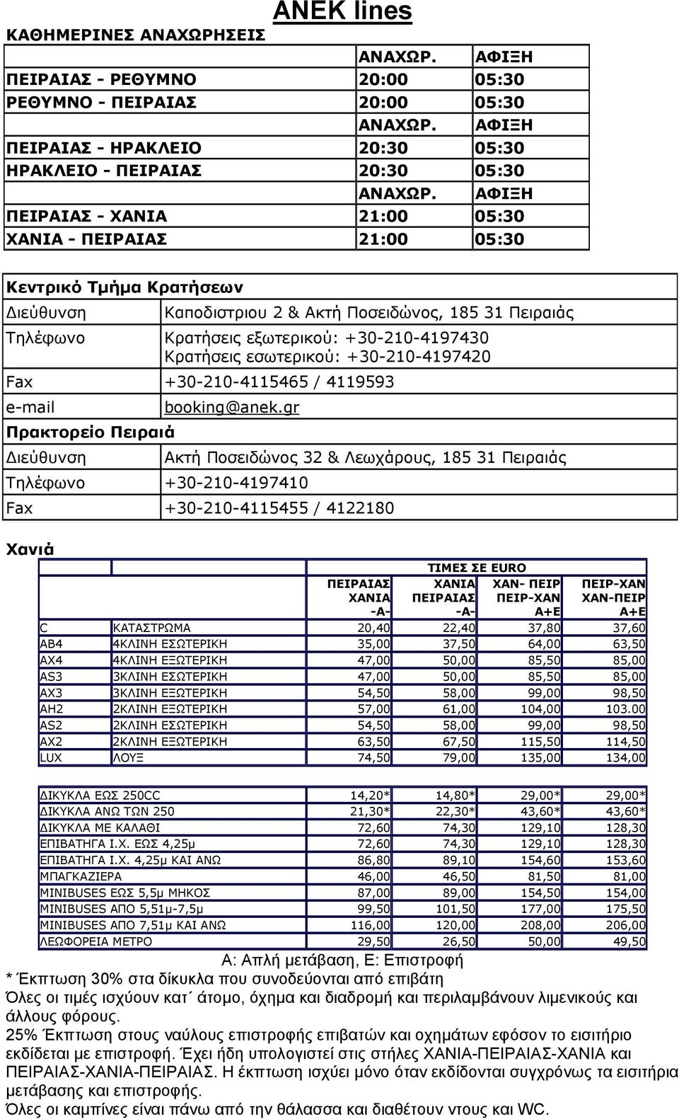 Kρατήσεις εσωτερικού: +30-210-4197420 Fax +30-210-4115465 / 4119593 e-mail Πρακτορείο Πειραιά ιεύθυνση booking@anek.