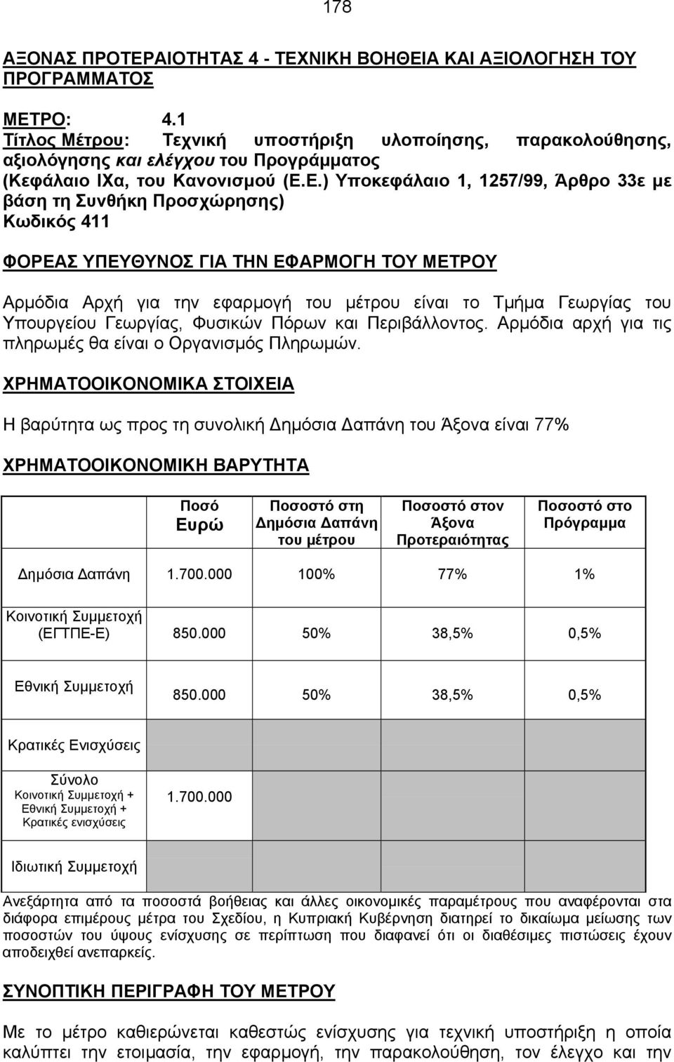 Ε.) Υποκεφάλαιο 1, 1257/99, Άρθρο 33ε µε βάση τη Συνθήκη Προσχώρησης) Κωδικός 411 ΦΟΡΕΑΣ ΥΠΕΥΘΥΝΟΣ ΓΙΑ ΤΗΝ ΕΦΑΡΜΟΓΗ ΤΟΥ ΜΕΤΡΟΥ Αρµόδια Αρχή για την εφαρµογή του µέτρου είναι το Τµήµα Γεωργίας του