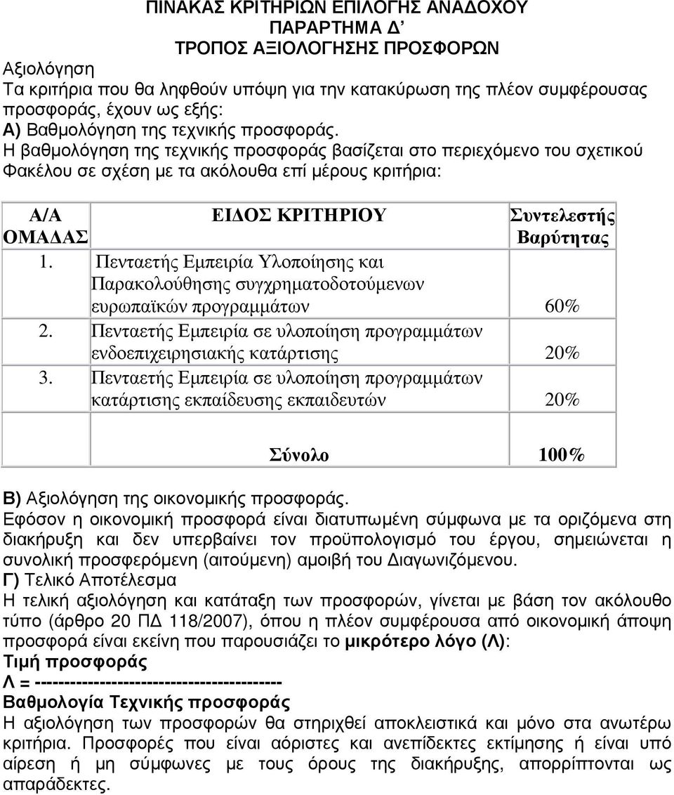 Η βαθµολόγηση της τεχνικής προσφοράς βασίζεται στο περιεχόµενο του σχετικού Φακέλου σε σχέση µε τα ακόλουθα επί µέρους κριτήρια: Α/Α ΟΜΑ ΑΣ ΕΙ ΟΣ ΚΡΙΤΗΡΙΟΥ Συντελεστής Βαρύτητας 1.