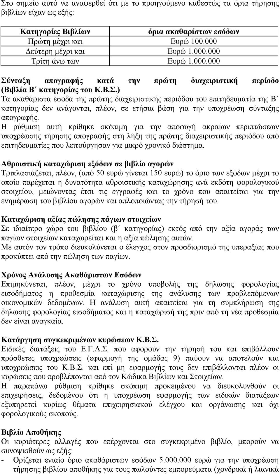 Η ρύθμιση αυτή κρίθηκε σκόπιμη για την αποφυγή ακραίων περιπτώσεων υποχρέωσης τήρησης απογραφής στη λήξη της πρώτης διαχειριστικής περιόδου από επιτηδευματίες που λειτούργησαν για μικρό χρονικό