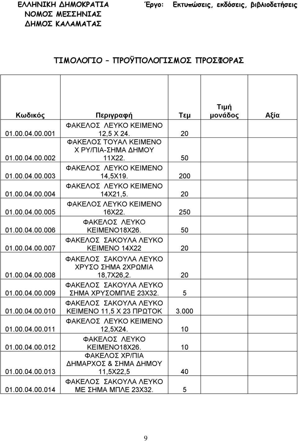 20 ΦΑΚΕΛΟΣ ΤΟΥΑΛ ΚΕΙΜΕΝΟ Χ ΡΥ/ΠΙΑ-ΣΗΜΑ ΔΗΜΟΥ 11Χ22. 50 14,5Χ19. 200 14Χ21,5. 20 16Χ22. 250 ΦΑΚΕΛΟΣ ΛΕΥΚΟ ΚΕΙΜΕΝΟ18Χ26. 50 ΚΕΙΜΕΝΟ 14Χ22 20 ΧΡΥΣΟ ΣΗΜΑ 2ΧΡΩΜΙΑ 18,7Χ26,2.