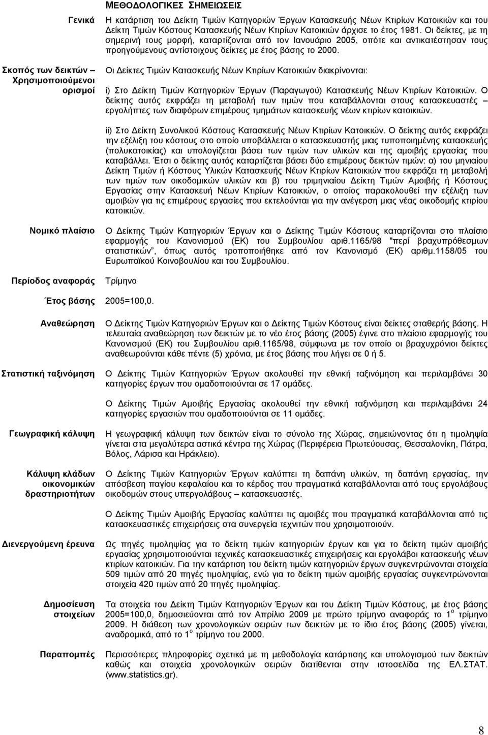 Οι δείκτες, με τη σημερινή τους μορφή, καταρτίζονται από τον Ιανουάριο 2005, οπότε και αντικατέστησαν τους προηγούμενους αντίστοιχους δείκτες με έτος βάσης το 2000.