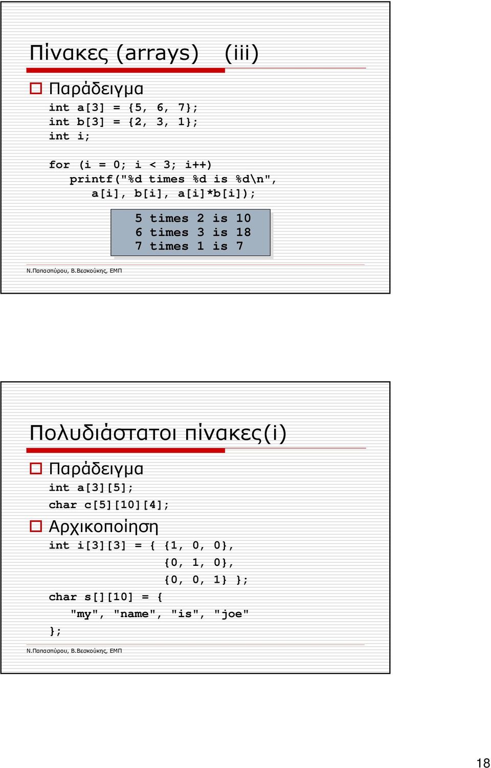 18 18 7 times 1 is is 7 Πολυδιάστατοι πίνακες(i) Παράδειγµα int a[3][5]; char c[5][10][4];