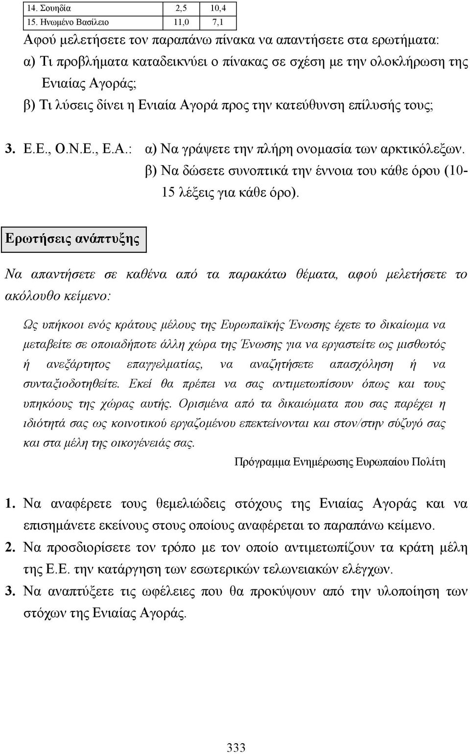 Ενιαία Αγορά προς την κατεύθυνση επίλυσής τους; 3. Ε.Ε., Ο.Ν.Ε., Ε.Α.: α) Να γράψετε την πλήρη ονοµασία των αρκτικόλεξων. β) Να δώσετε συνοπτικά την έννοια του κάθε όρου (10-15 λέξεις για κάθε όρο).