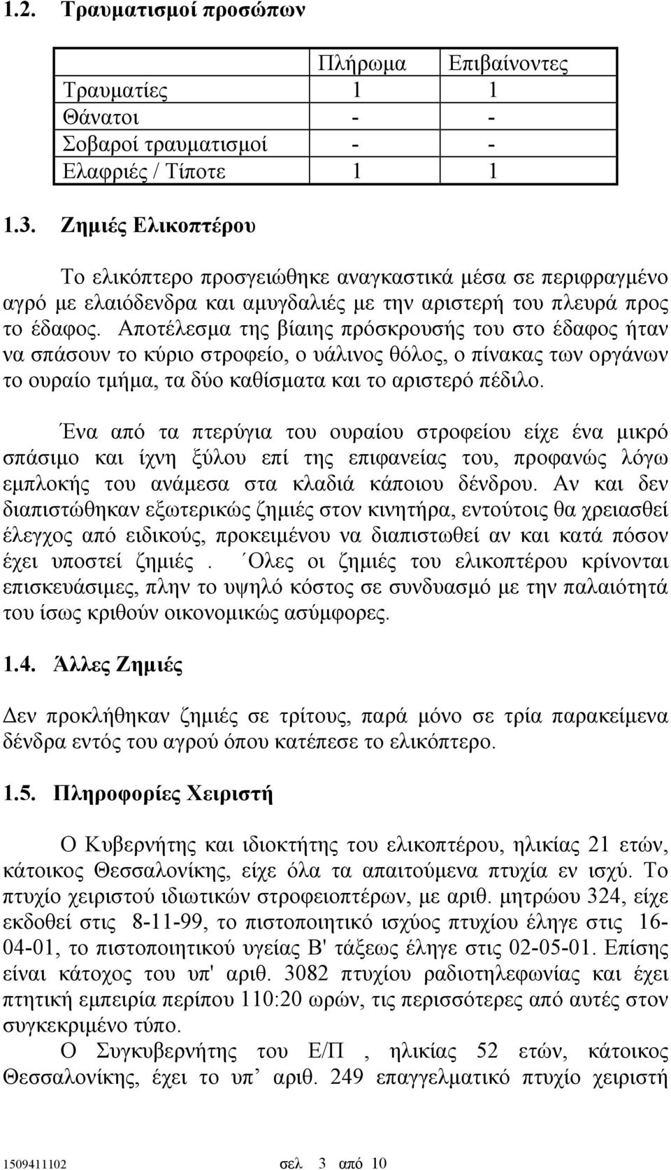 Αποτέλεσµα της βίαιης πρόσκρουσής του στο έδαφος ήταν να σπάσουν το κύριο στροφείο, ο υάλινος θόλος, ο πίνακας των οργάνων το ουραίο τµήµα, τα δύο καθίσµατα και το αριστερό πέδιλο.